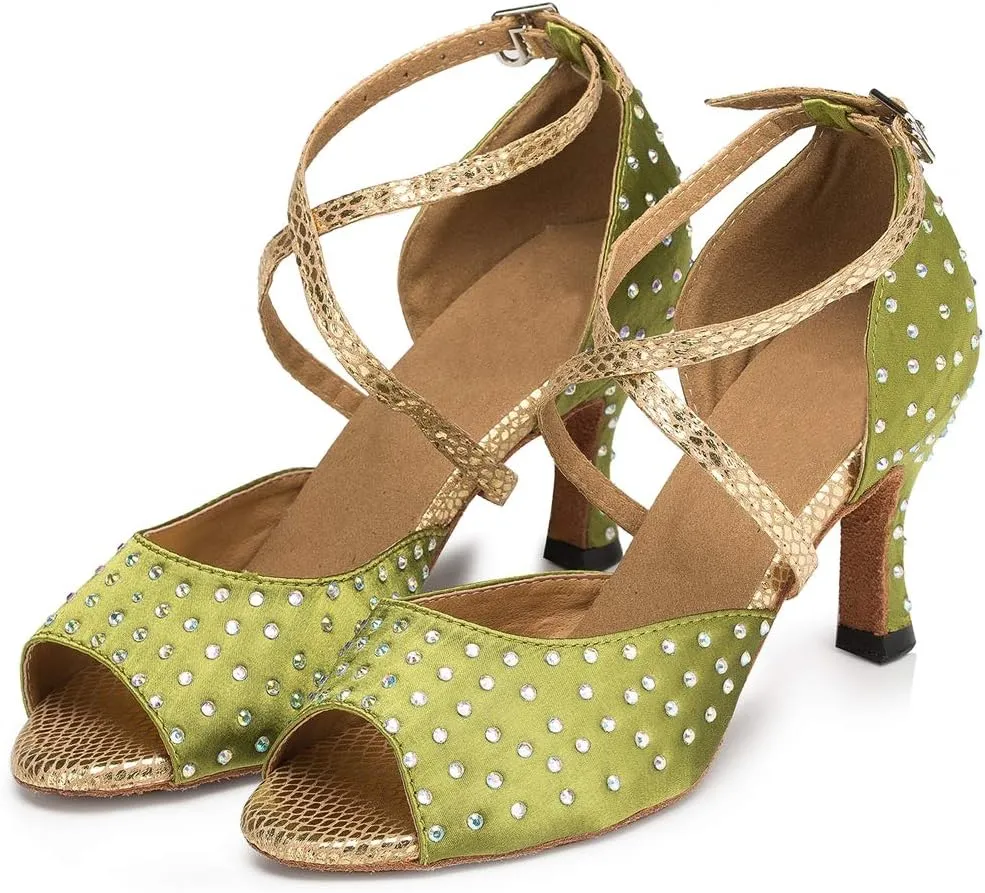 TDA Women's Peep Toe Cross strap Satin Rhinestones Latin Salsa Tango Character Modern Dance Wedding Shoes