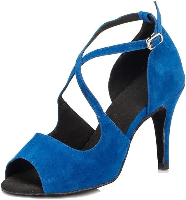 TDA Women's Peep Toe Cross Strap Stiletto Heel Suede Tango Salsa Latin Chacha Ballroom Dance Wedding Shoes