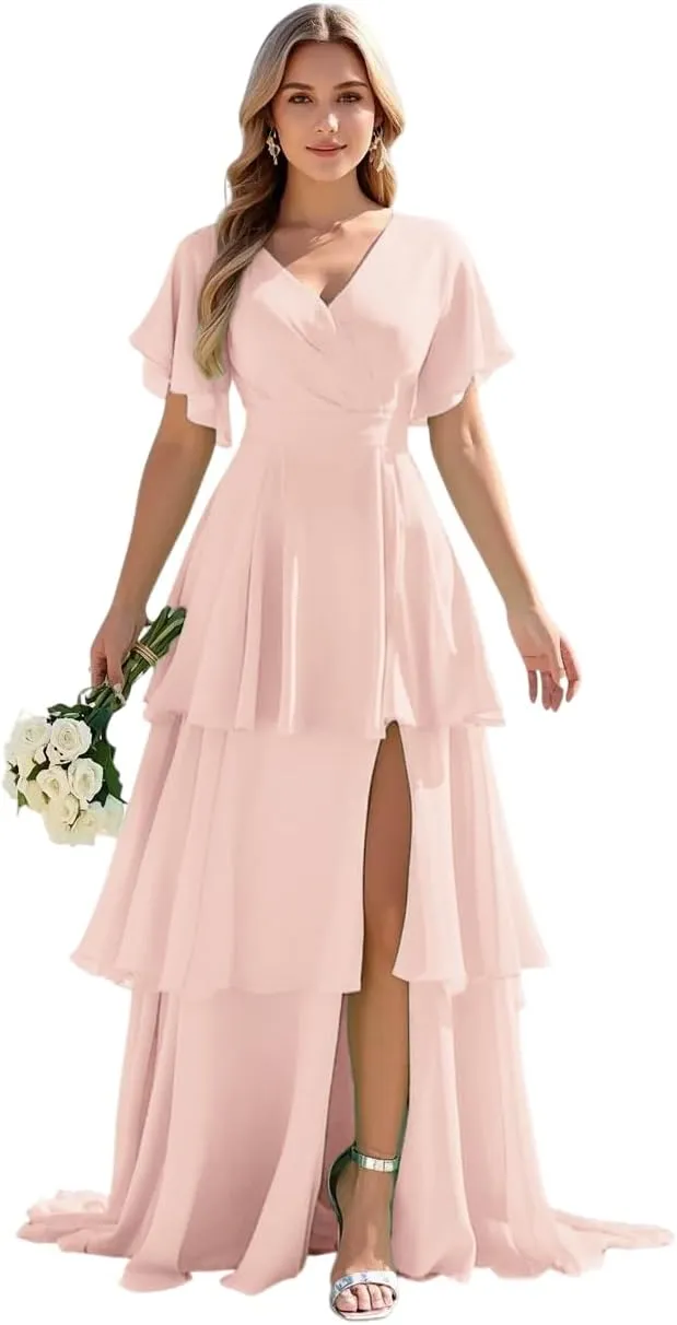 Tiered Ruffles Bridesmaid Dresses 2025 Long Chiffon Formal Evening Dresses with Split for Women