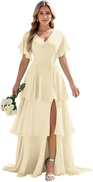 Tiered Ruffles Bridesmaid Dresses 2025 Long Chiffon Formal Evening Dresses with Split for Women