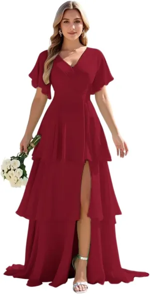 Tiered Ruffles Bridesmaid Dresses 2025 Long Chiffon Formal Evening Dresses with Split for Women