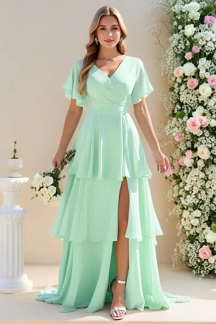Tiered Ruffles Bridesmaid Dresses 2025 Long Chiffon Formal Evening Dresses with Split for Women