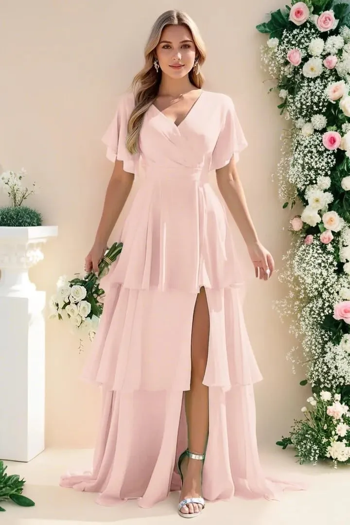 Tiered Ruffles Bridesmaid Dresses 2025 Long Chiffon Formal Evening Dresses with Split for Women