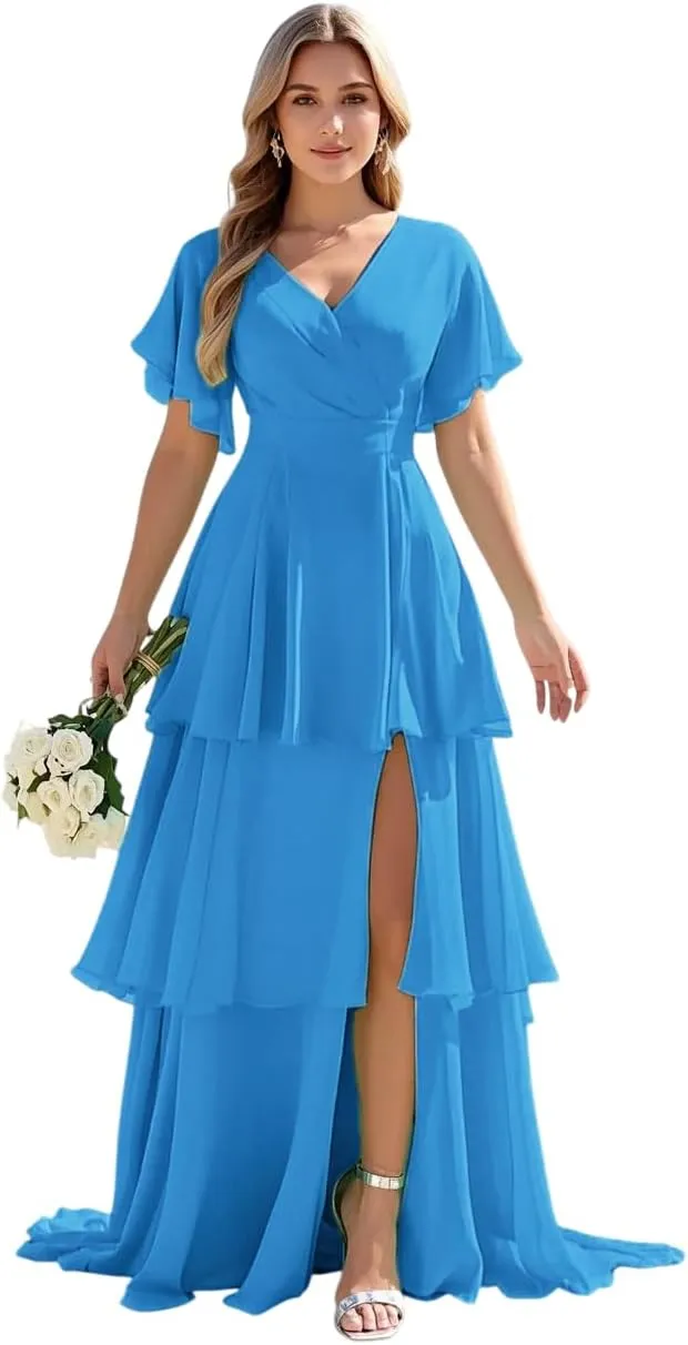 Tiered Ruffles Bridesmaid Dresses 2025 Long Chiffon Formal Evening Dresses with Split for Women