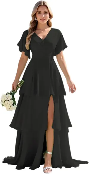 Tiered Ruffles Bridesmaid Dresses 2025 Long Chiffon Formal Evening Dresses with Split for Women