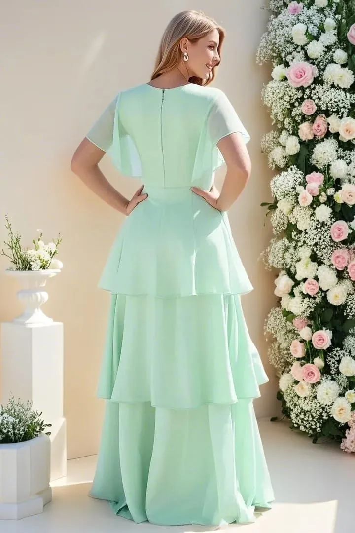 Tiered Ruffles Bridesmaid Dresses 2025 Long Chiffon Formal Evening Dresses with Split for Women