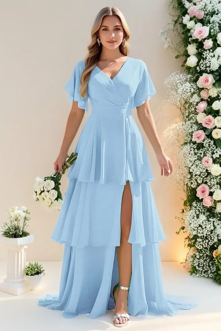 Tiered Ruffles Bridesmaid Dresses 2025 Long Chiffon Formal Evening Dresses with Split for Women