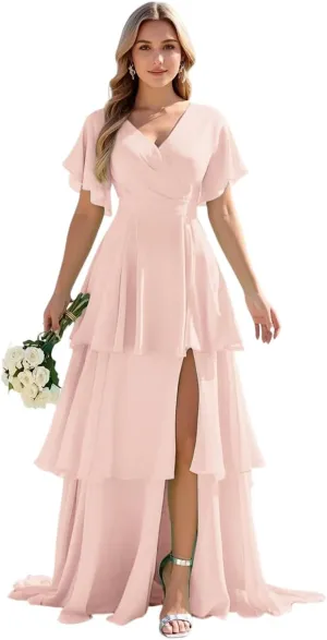 Tiered Ruffles Bridesmaid Dresses 2025 Long Chiffon Formal Evening Dresses with Split for Women