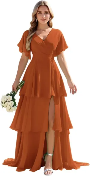 Tiered Ruffles Bridesmaid Dresses 2025 Long Chiffon Formal Evening Dresses with Split for Women