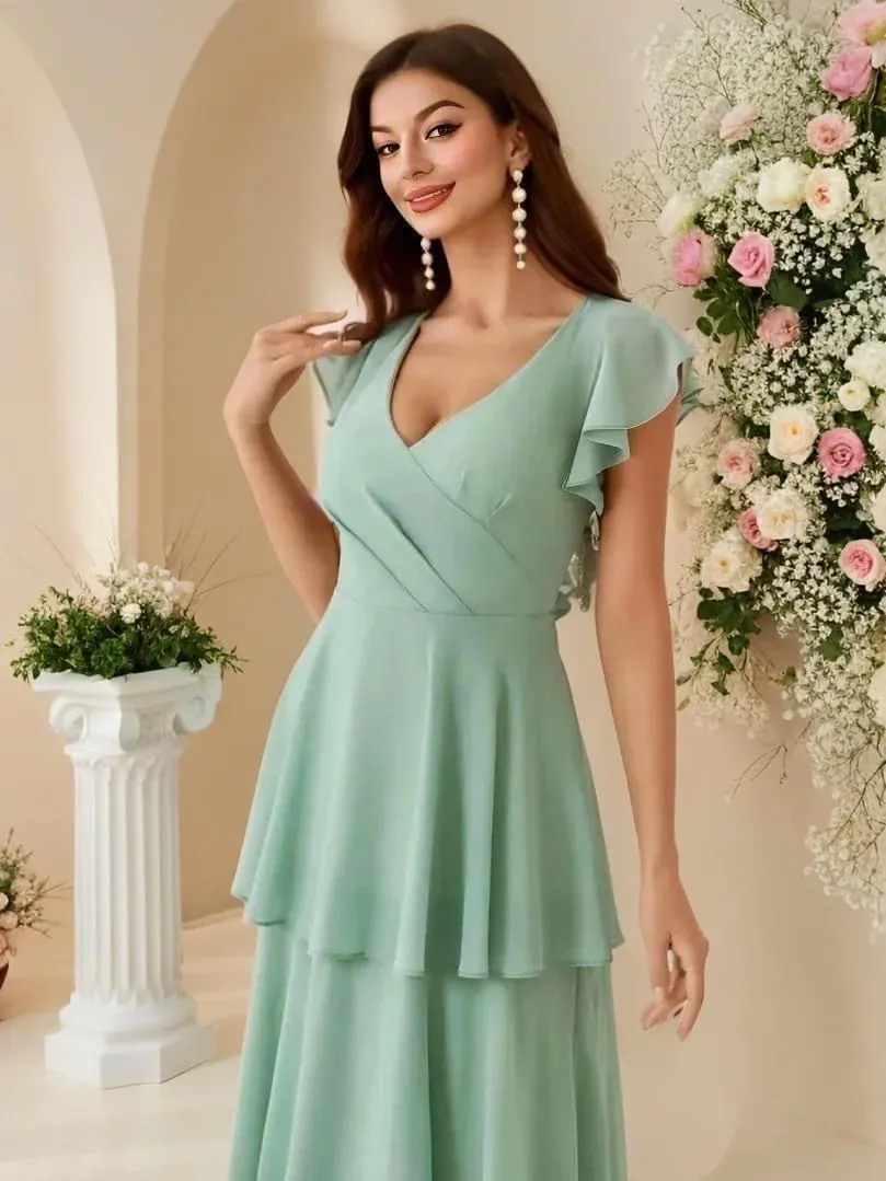 Tiered Ruffles Bridesmaid Dresses 2025 Long Chiffon Formal Evening Dresses with Split for Women