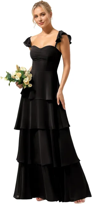 Tiered Ruffles Spaghetti Straps Bridesmaid Dresses 2025 for Women Chiffon Formal Evening Dresses NO146