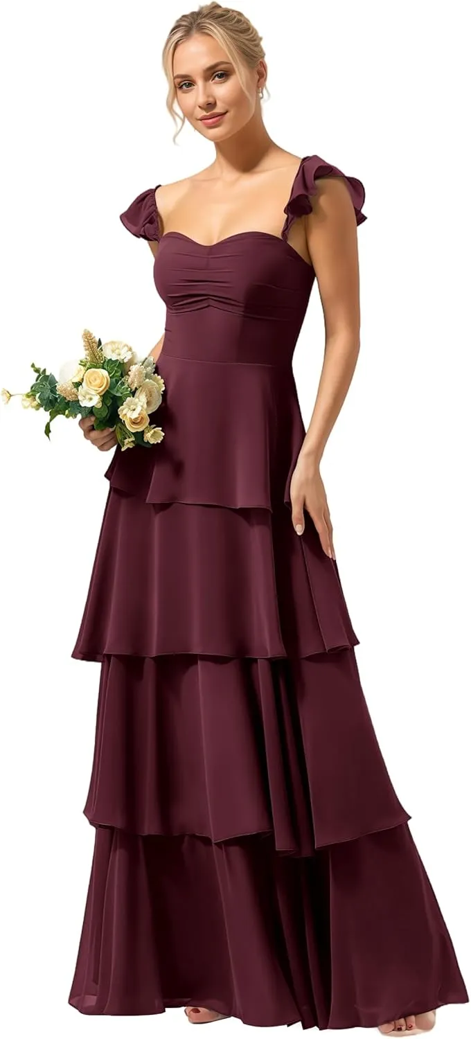 Tiered Ruffles Spaghetti Straps Bridesmaid Dresses 2025 for Women Chiffon Formal Evening Dresses NO146