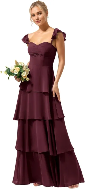 Tiered Ruffles Spaghetti Straps Bridesmaid Dresses 2025 for Women Chiffon Formal Evening Dresses NO146