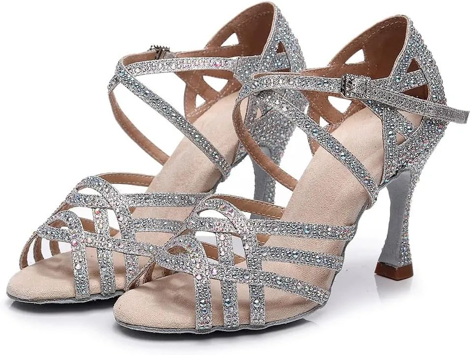 TINRYMX Women's Latin Dance Shoes Open Toe Rhinestones Cross-Strap Ballroom Party Performance Dance Shoes,Model-YCL429