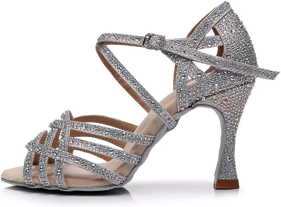 TINRYMX Women's Latin Dance Shoes Open Toe Rhinestones Cross-Strap Ballroom Party Performance Dance Shoes,Model-YCL429