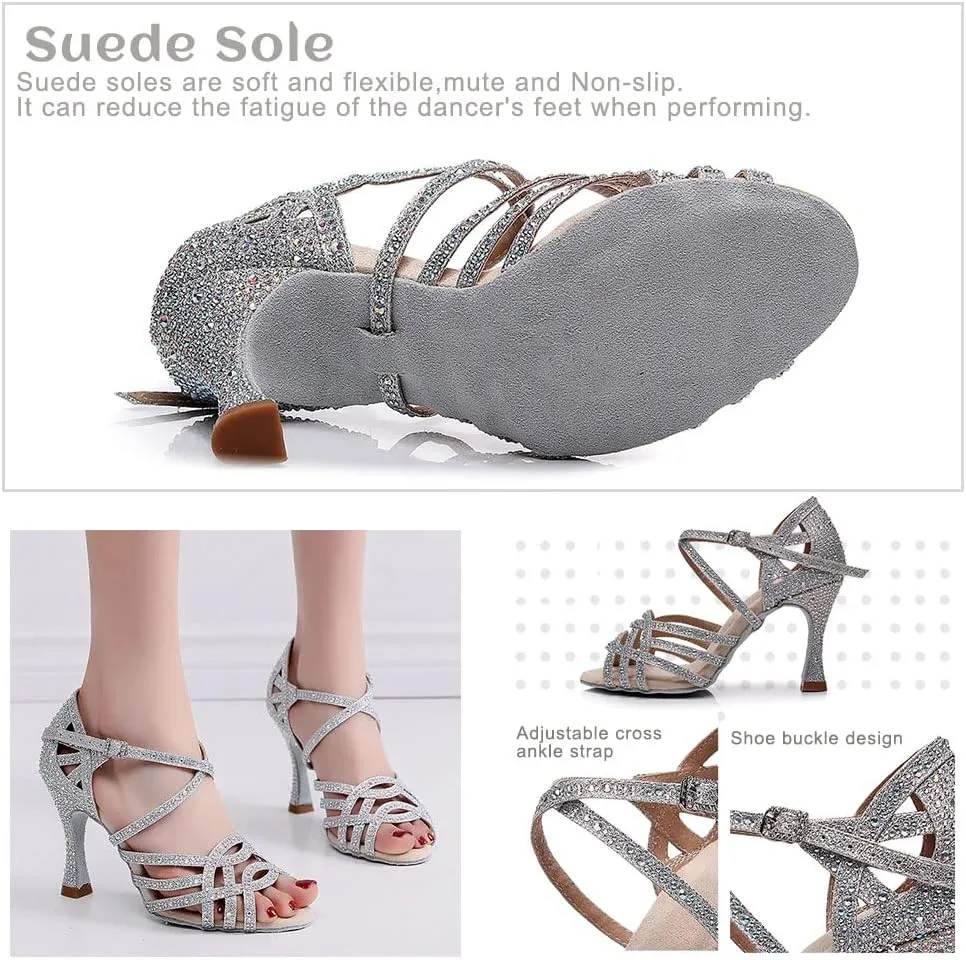 TINRYMX Women's Latin Dance Shoes Open Toe Rhinestones Cross-Strap Ballroom Party Performance Dance Shoes,Model-YCL429