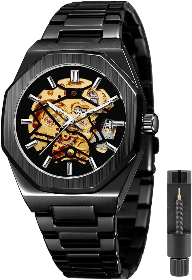 Tiong Mens Watch Luxury Skeleton Mechanical Stainless Steel Waterproof Black Automatic Self-Winding Wrist Watches for Men