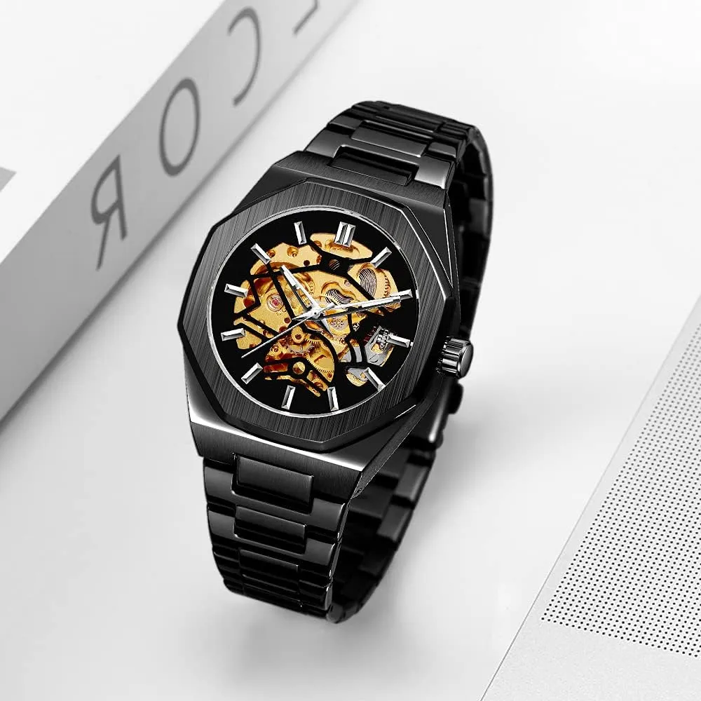 Tiong Mens Watch Luxury Skeleton Mechanical Stainless Steel Waterproof Black Automatic Self-Winding Wrist Watches for Men