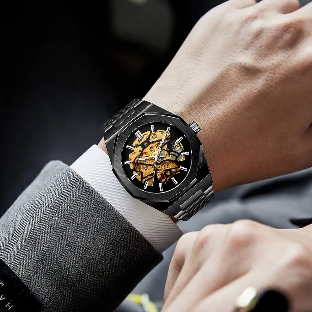 Tiong Mens Watch Luxury Skeleton Mechanical Stainless Steel Waterproof Black Automatic Self-Winding Wrist Watches for Men