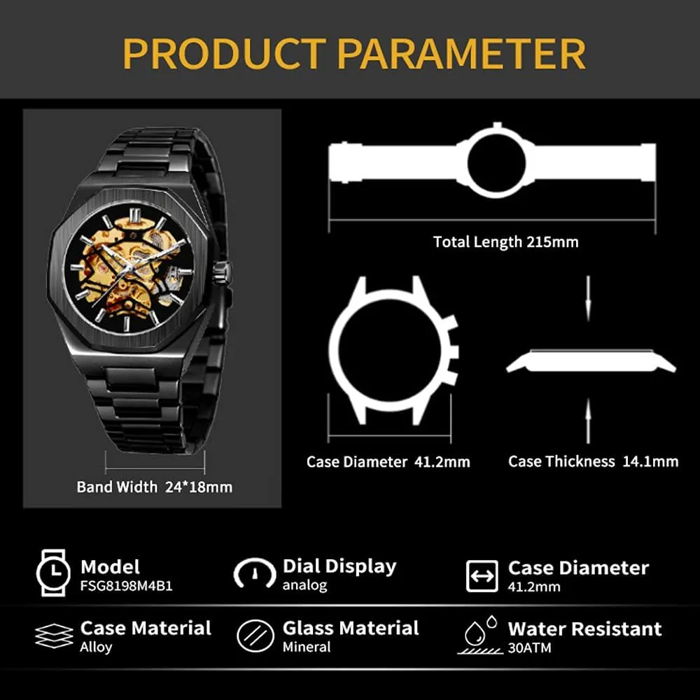 Tiong Mens Watch Luxury Skeleton Mechanical Stainless Steel Waterproof Black Automatic Self-Winding Wrist Watches for Men