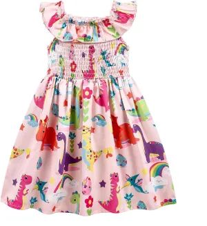 Toddler Little Girls Summer Dresses Floral Ruffle Sleeve A-Line Sundress Smocked Swing Birthday Outfits Dress 2-7 Years