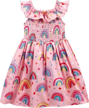 Toddler Little Girls Summer Dresses Floral Ruffle Sleeve A-Line Sundress Smocked Swing Birthday Outfits Dress 2-7 Years