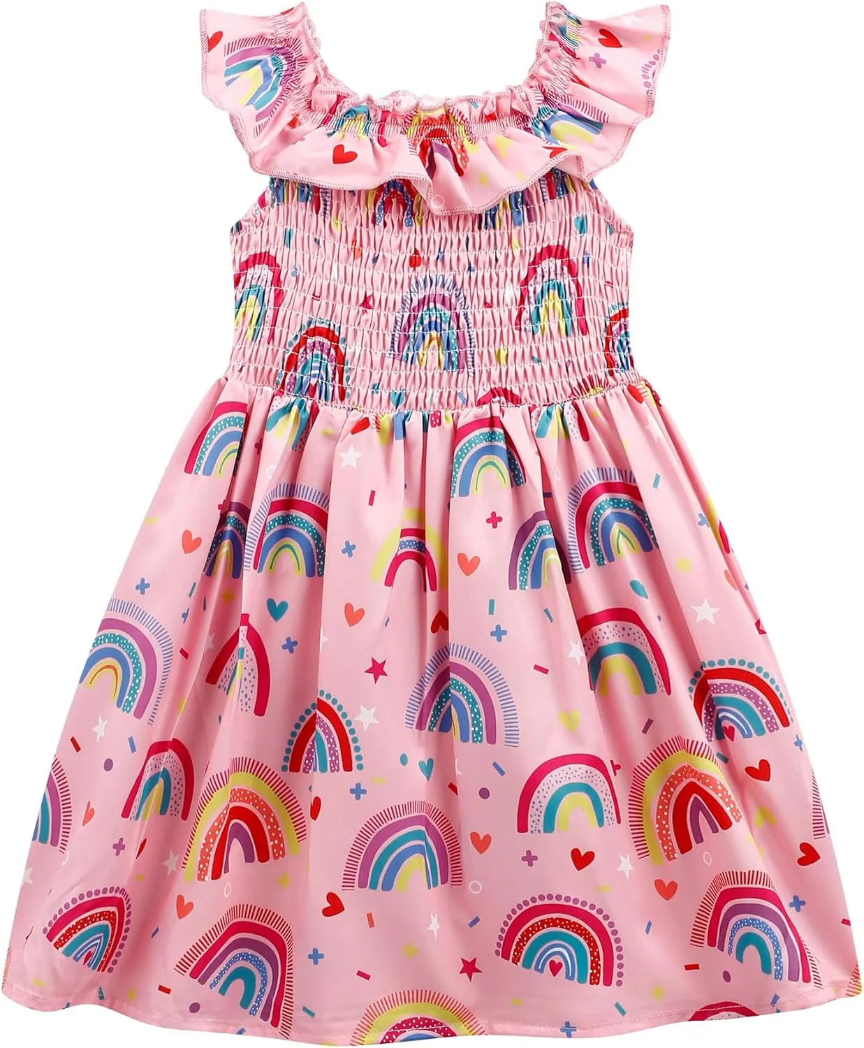 Toddler Little Girls Summer Dresses Floral Ruffle Sleeve A-Line Sundress Smocked Swing Birthday Outfits Dress 2-7 Years