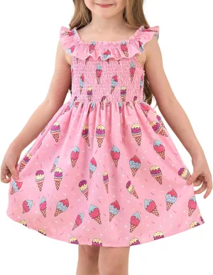 Toddler Little Girls Summer Dresses Floral Ruffle Sleeve A-Line Sundress Smocked Swing Birthday Outfits Dress 2-7 Years
