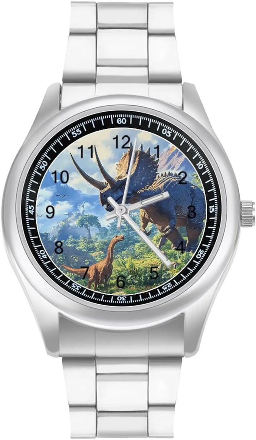 Triceratops Dinosaur Ancient Jungle Stainless Steel Strap Simple Business Watches for Men Easy Reader Work Casual Watch