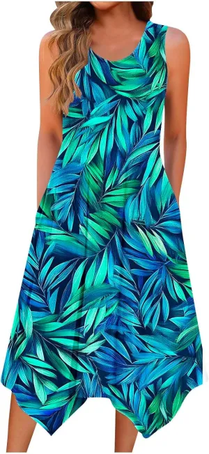 Tropical Print Sleeveless Summer Dresses for Women Casual Beach Sundress Irregular Hem Trendy Midi Dress
