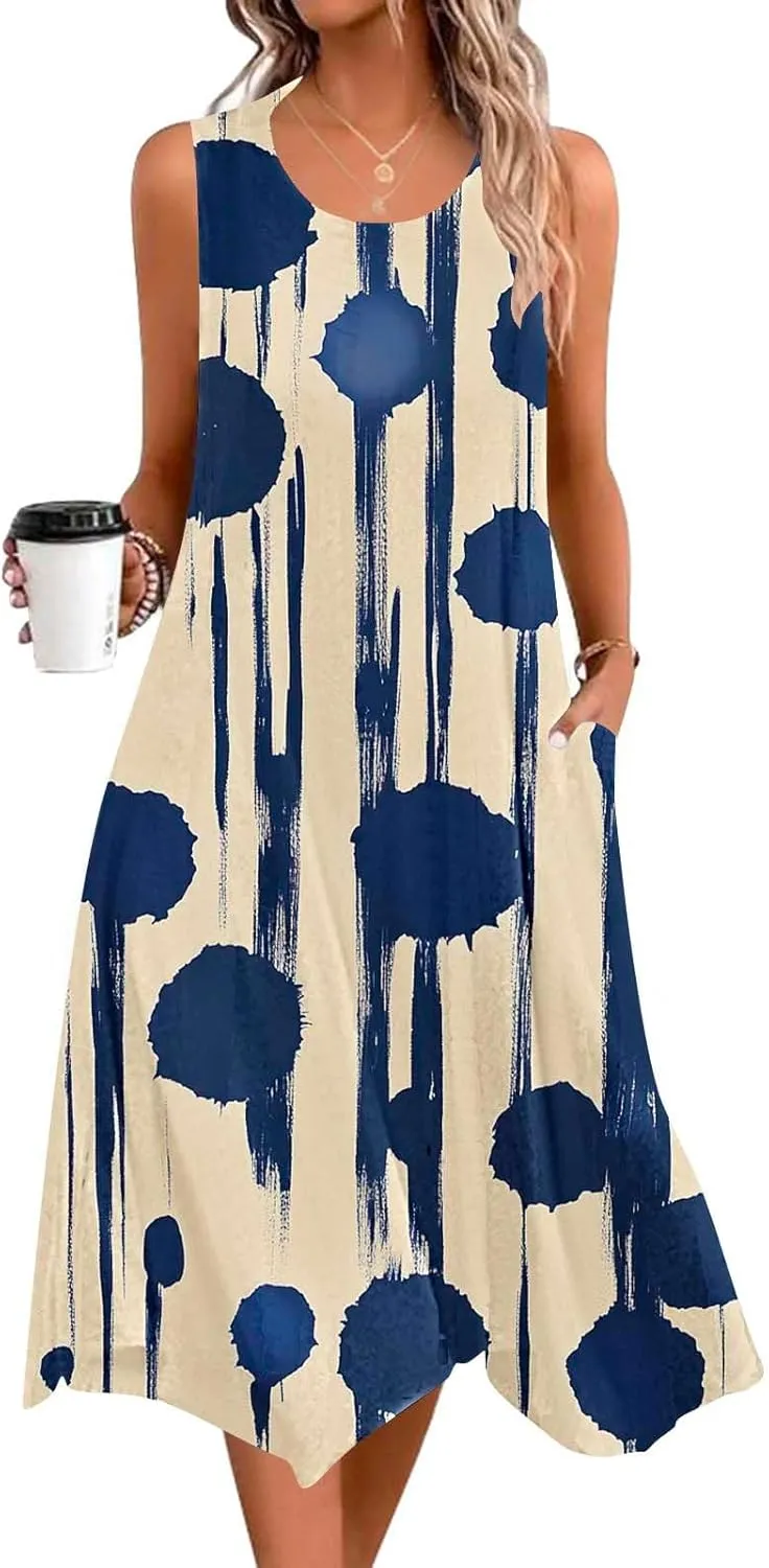 Tropical Print Sleeveless Summer Dresses for Women Casual Beach Sundress Irregular Hem Trendy Midi Dress
