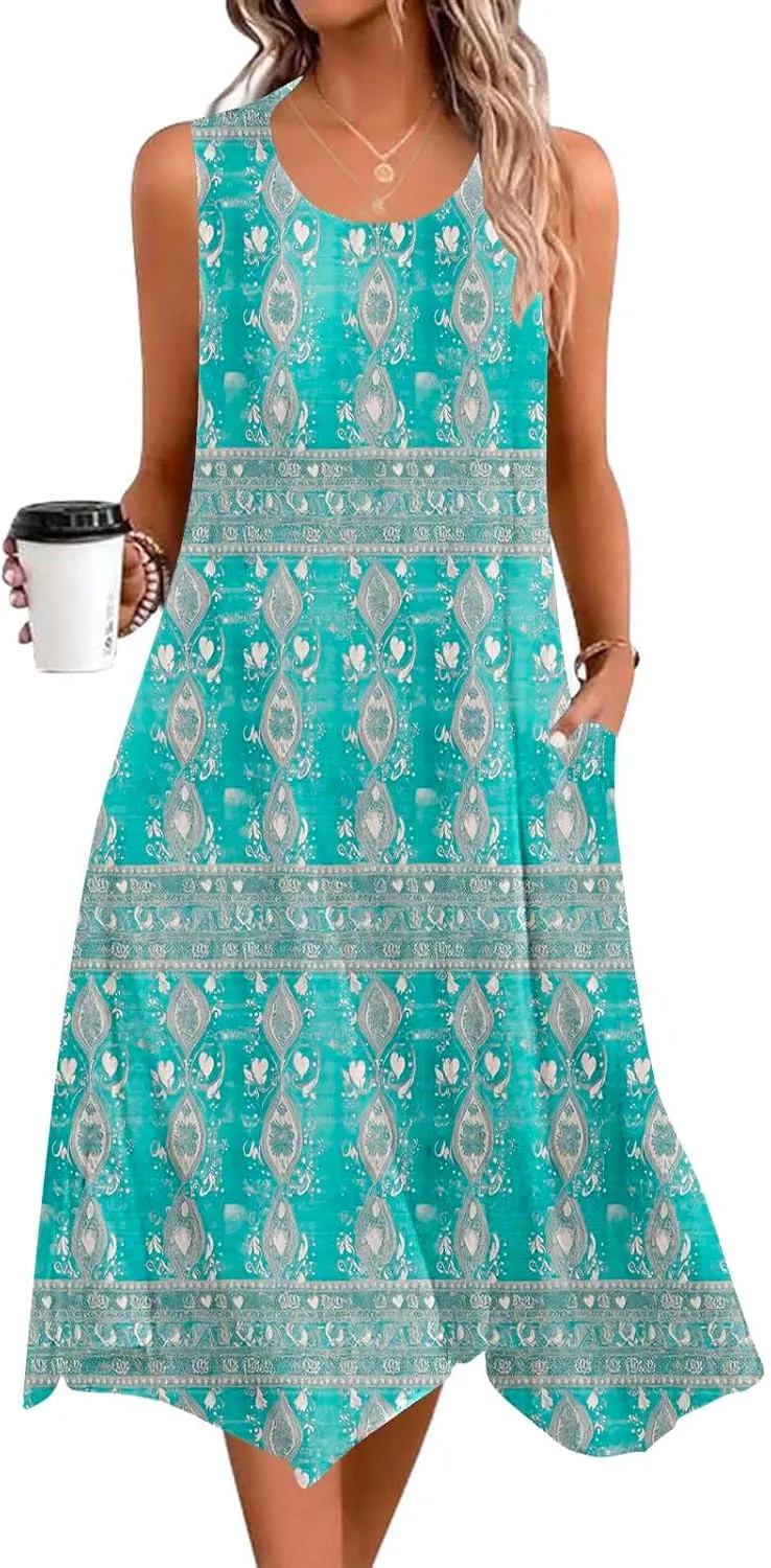 Tropical Print Sleeveless Summer Dresses for Women Casual Beach Sundress Irregular Hem Trendy Midi Dress