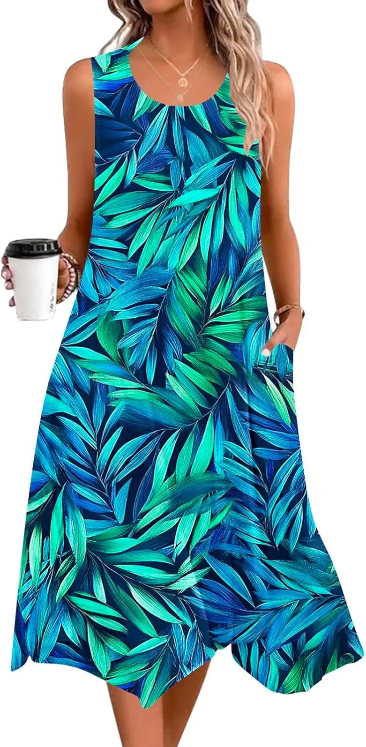 Tropical Print Sleeveless Summer Dresses for Women Casual Beach Sundress Irregular Hem Trendy Midi Dress