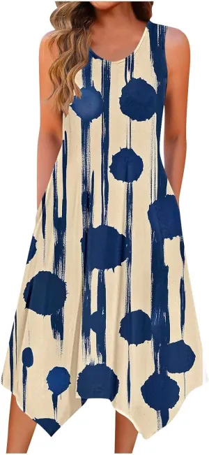 Tropical Print Sleeveless Summer Dresses for Women Casual Beach Sundress Irregular Hem Trendy Midi Dress