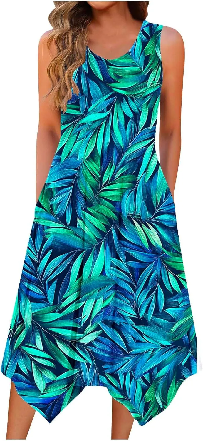 Tropical Print Sleeveless Summer Dresses for Women Casual Beach Sundress Irregular Hem Trendy Midi Dress
