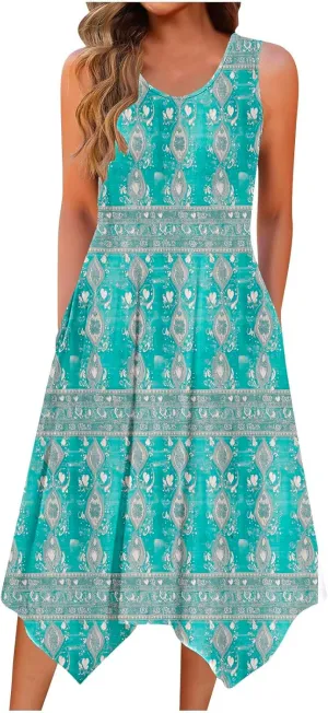 Tropical Print Sleeveless Summer Dresses for Women Casual Beach Sundress Irregular Hem Trendy Midi Dress