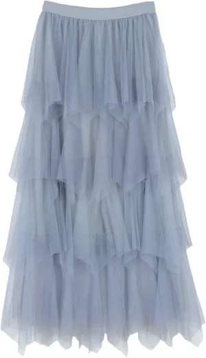 Tulle Midi Skirts for Women 2025 Summer Elastic High Waisted Asymmetrical Tiered Ruffle Long Skirt