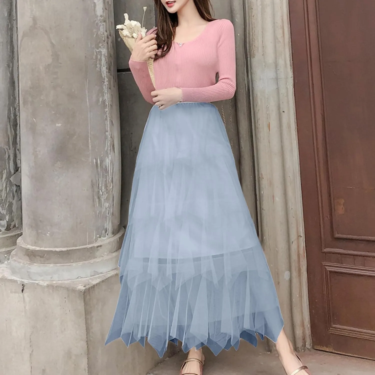Tulle Midi Skirts for Women 2025 Summer Elastic High Waisted Asymmetrical Tiered Ruffle Long Skirt