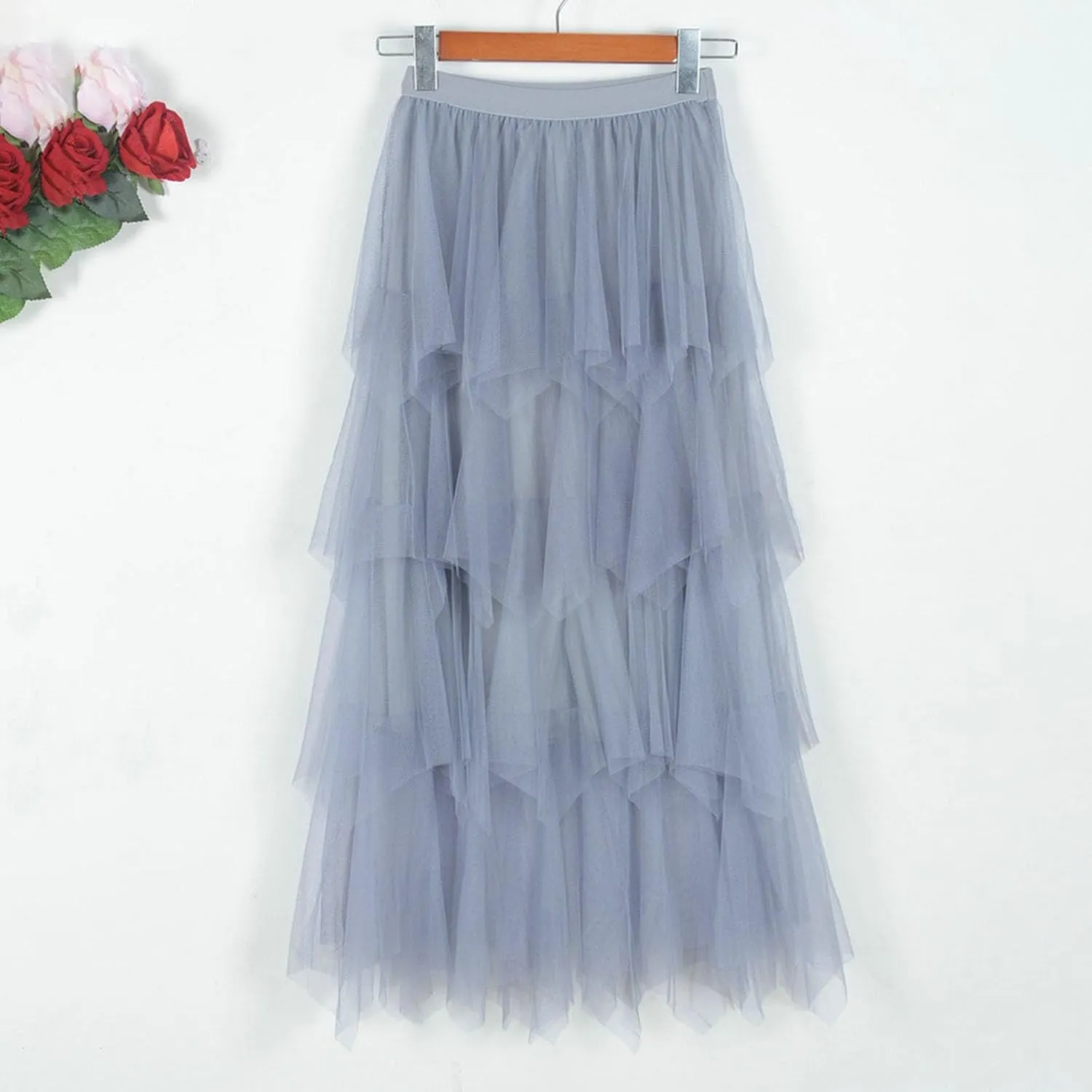 Tulle Midi Skirts for Women 2025 Summer Elastic High Waisted Asymmetrical Tiered Ruffle Long Skirt