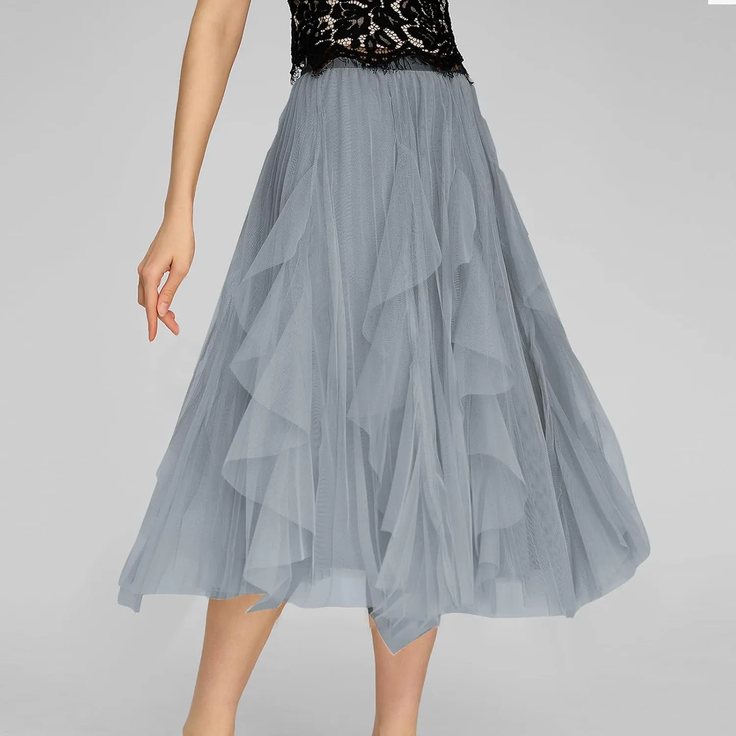Tulle Skirts for Women Elastic Waist Midi Skirts Summer Flowy Skirts Puffy Tiered Skirt Trendy A Line Mesh Skirts