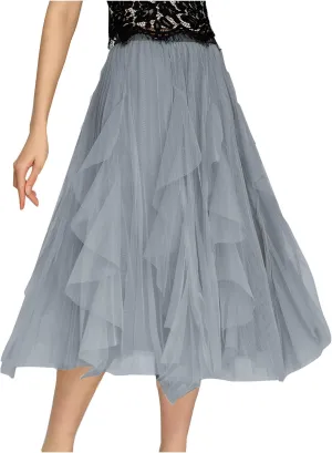 Tulle Skirts for Women Elastic Waist Midi Skirts Summer Flowy Skirts Puffy Tiered Skirt Trendy A Line Mesh Skirts