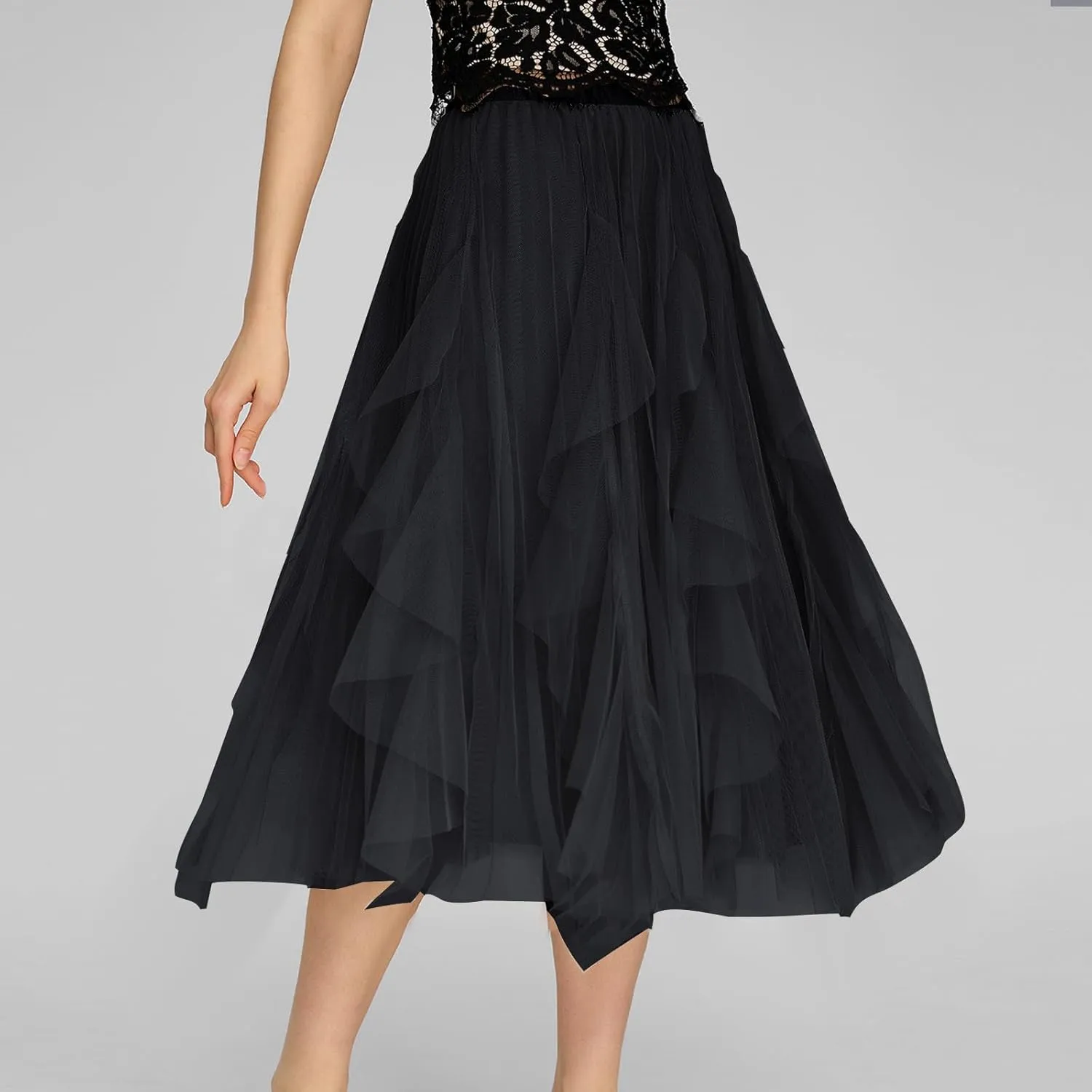 Tulle Skirts for Women Elastic Waist Midi Skirts Summer Flowy Skirts Puffy Tiered Skirt Trendy A Line Mesh Skirts