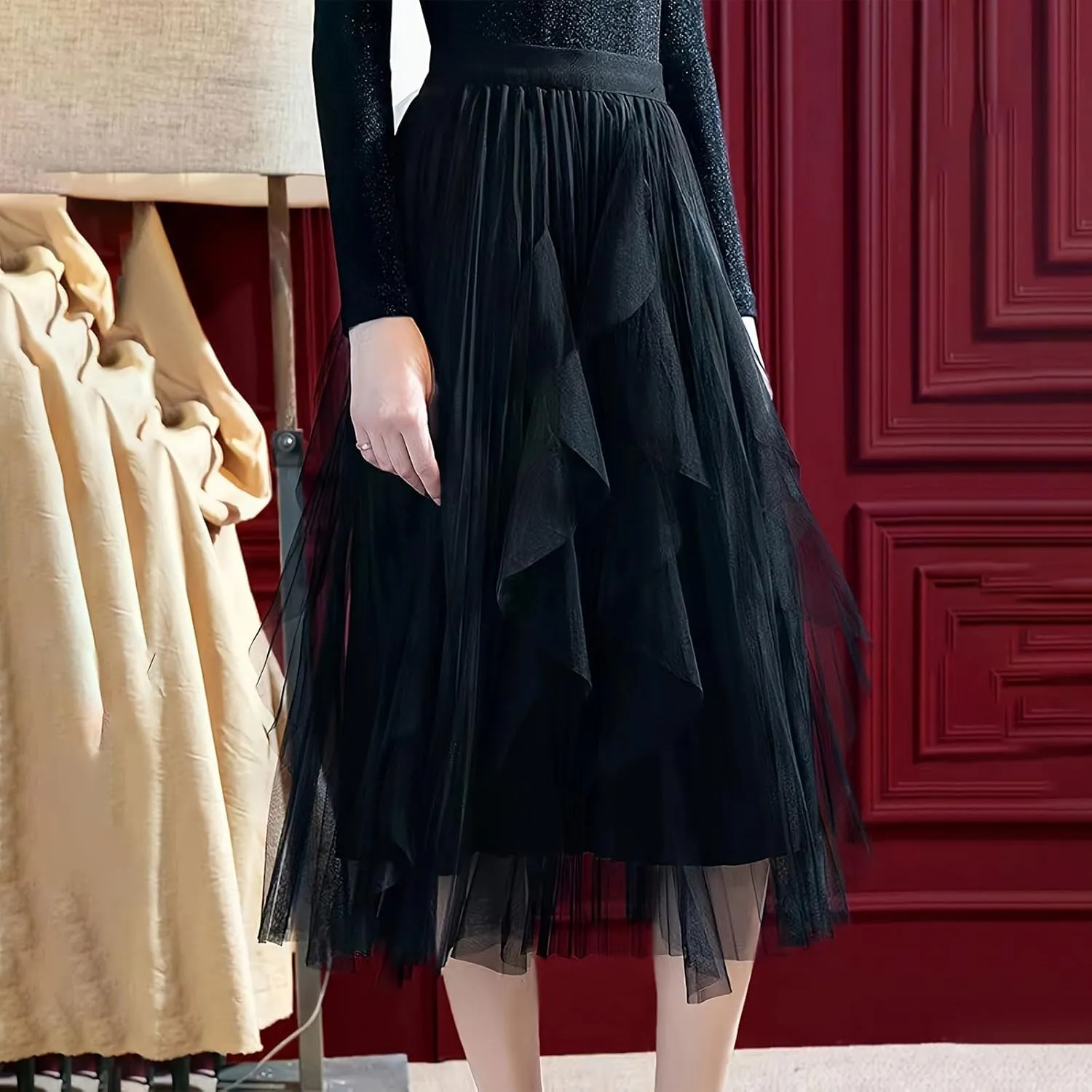 Tulle Skirts for Women Elastic Waist Midi Skirts Summer Flowy Skirts Puffy Tiered Skirt Trendy A Line Mesh Skirts