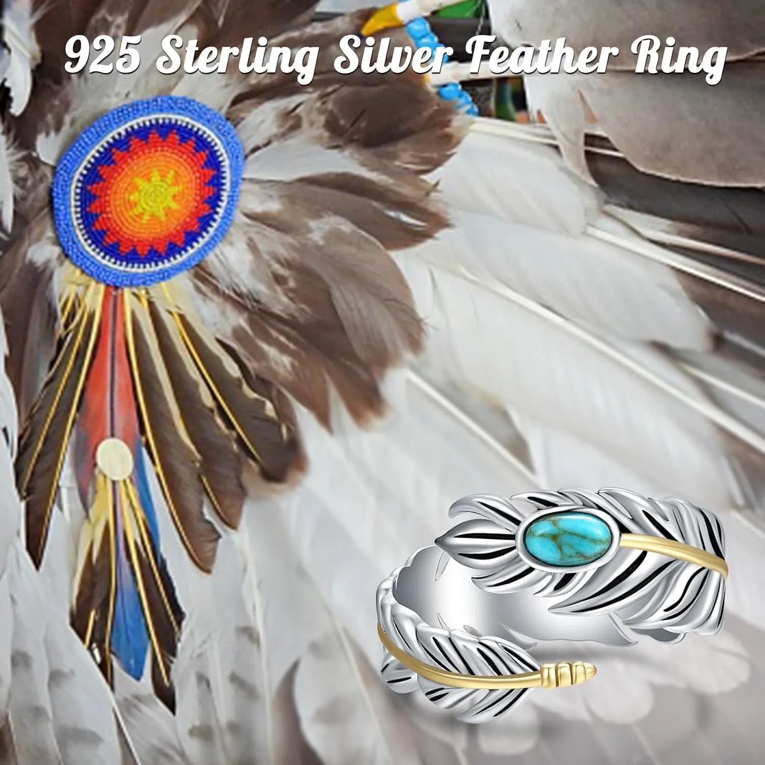 Turquoise Feather Ring 925 Sterling Silver Vintage Wide Feather Rings Women Men Turquoise Western Style Jewelry gifts Wrap Thumb Ring Open Size 4-11