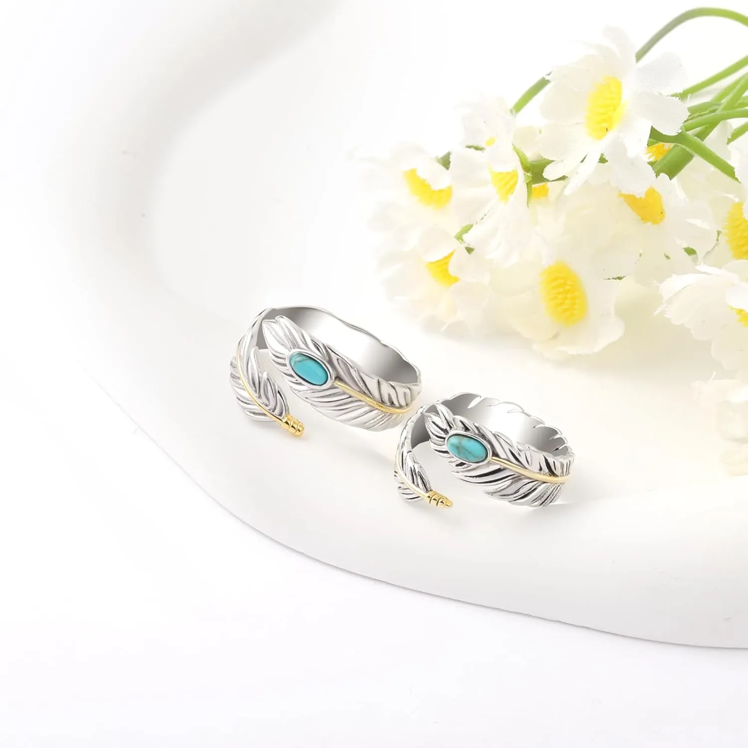 Turquoise Feather Ring 925 Sterling Silver Vintage Wide Feather Rings Women Men Turquoise Western Style Jewelry gifts Wrap Thumb Ring Open Size 4-11