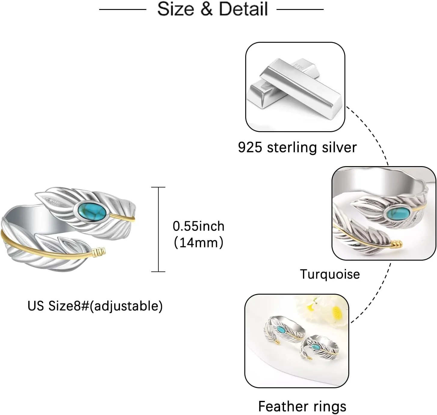 Turquoise Feather Ring 925 Sterling Silver Vintage Wide Feather Rings Women Men Turquoise Western Style Jewelry gifts Wrap Thumb Ring Open Size 4-11