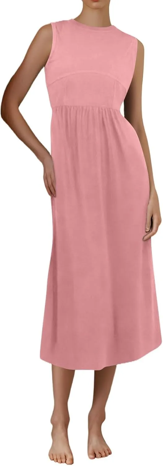 TWGONE Women's Summer Dresses 2025 Casual Sleeveless Patchwork Knit Sundresses Long Flowy Beach Dress with Pockets
