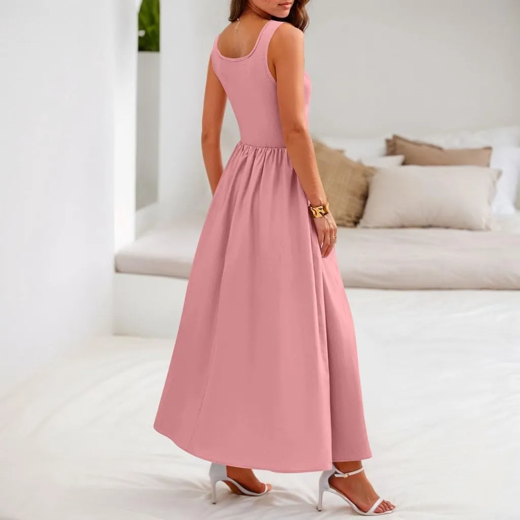 TWGONE Women's Summer Dresses 2025 Casual Sleeveless Patchwork Knit Sundresses Long Flowy Beach Dress with Pockets