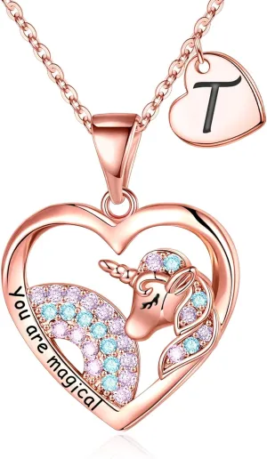 Unicorns Gifts for Girls Necklaces, Rose Gold Plated Heart Unicorn Necklaces for Women Girls Initial Necklaces for Women Girls Unicorn Jewelry Unicorn Gifts for Girls Birthday Gifts