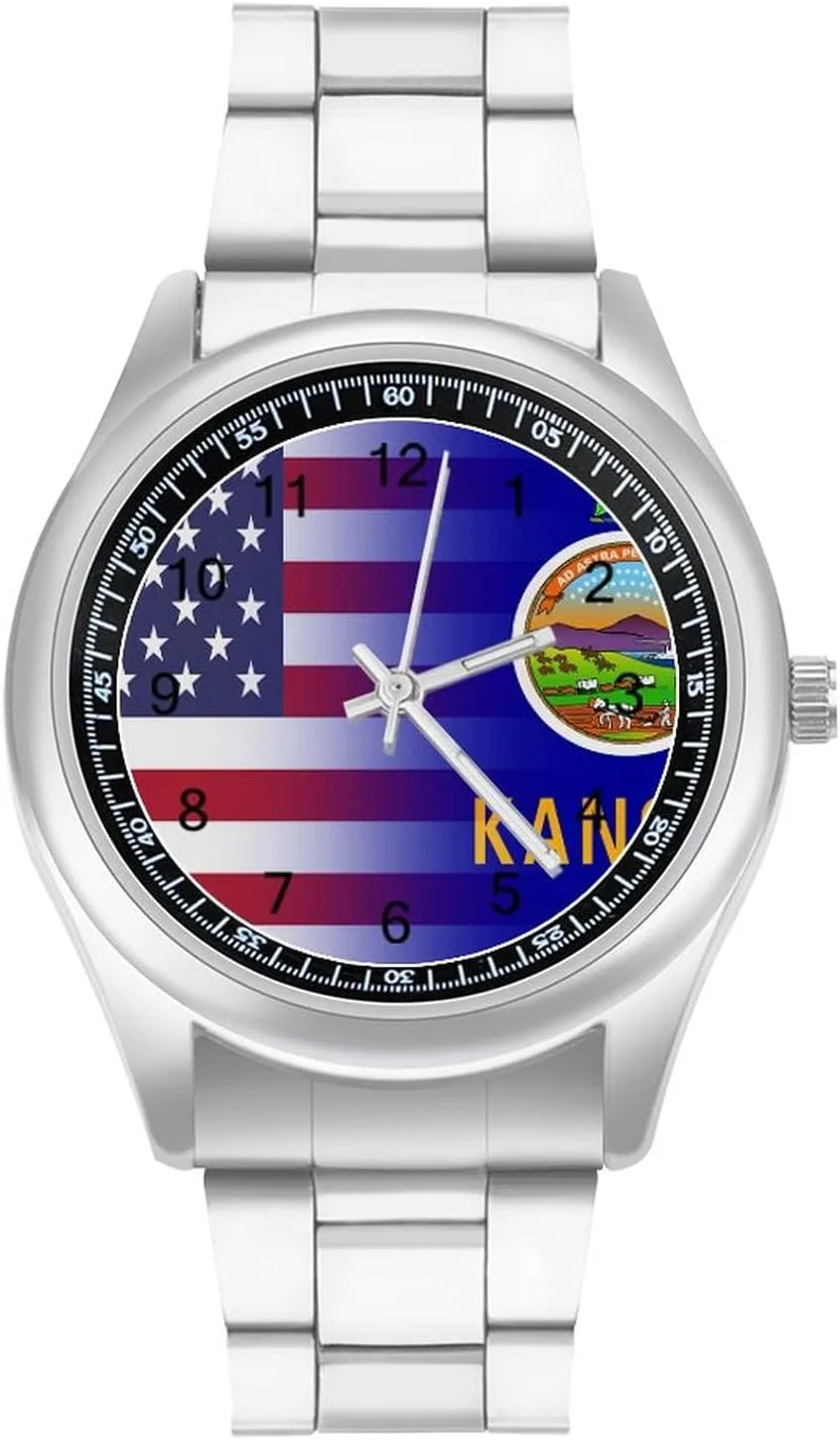 U.S.A Kansas State Flag Stainless Steel Strap Simple Business Watches for Men Easy Reader Work Casual Watch